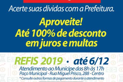 Logotipo oficial do Refis Ribeirão 2026 com datas de adesão e descontos de até 100%