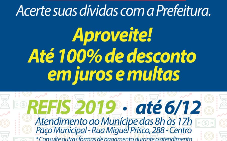 Logotipo oficial do Refis Ribeirão 2026 com datas de adesão e descontos de até 100%
