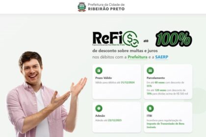 Ilustração da Prefeitura de Ribeirão Preto com símbolos financeiros e calendário marcando 31/12/2026 para Refis de R$ 1,15 bi