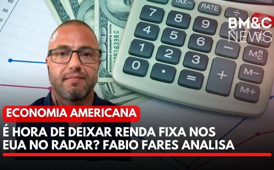 Gráfico comparando rentabilidade de Treasuries americanos e Tesouro IPCA+ brasileiro com setas de câmbio dólar-real