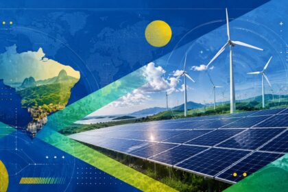 Parque eólico e solar no Brasil com linhas de transmissão, representando desafios do curtailment em renováveis