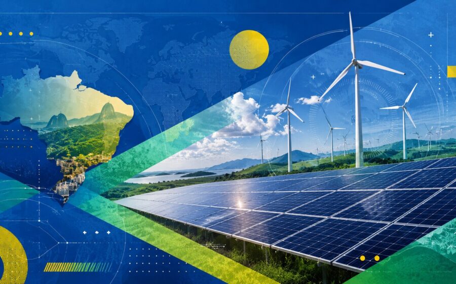 Parque eólico e solar no Brasil com linhas de transmissão, representando desafios do curtailment em renováveis
