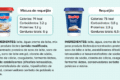 Comparação de rótulos de requeijão mostrando diferenças de sódio e proteína por porção