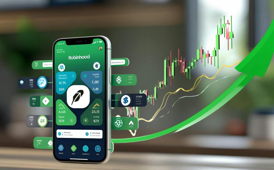 App Robinhood no smartphone mostrando gráficos de trading 24/7 e ícones de inteligência artificial