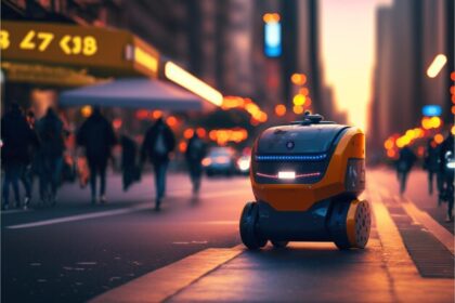 Robô de entrega Serve Robotics tombado na calçada de Los Angeles com rodas tortas após agressão