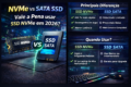 Comparação lado a lado de SSD NVMe M.2 e SSD SATA 2.5 polegadas destacando diferença de formato e performance