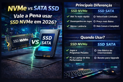 Comparação lado a lado de SSD NVMe M.2 e SSD SATA 2.5 polegadas destacando diferença de formato e performance