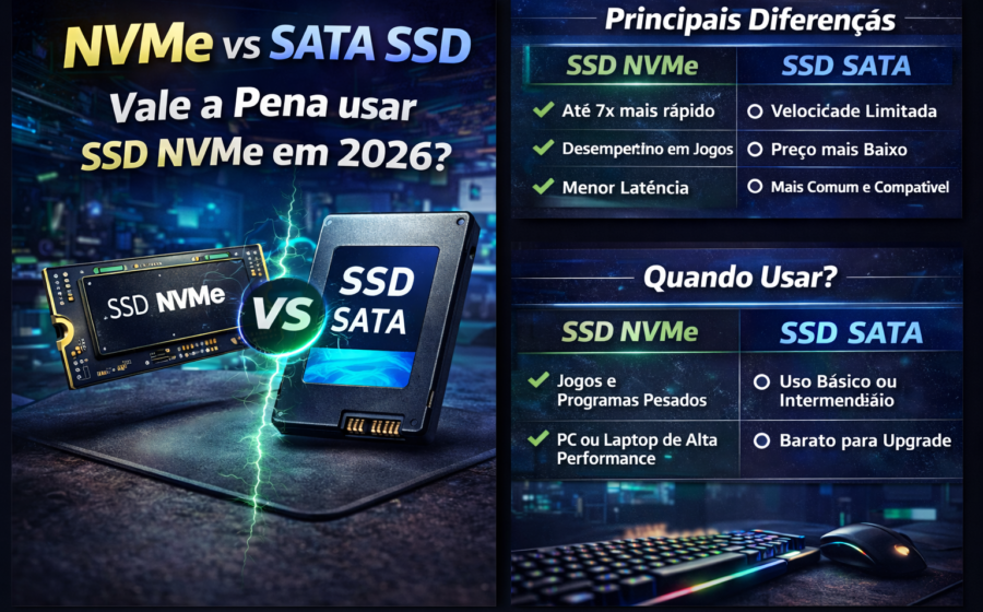 Comparação lado a lado de SSD NVMe M.2 e SSD SATA 2.5 polegadas destacando diferença de formato e performance