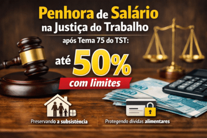 Sede do STJ com balança da justiça e cédulas de dinheiro representando penhora de salário