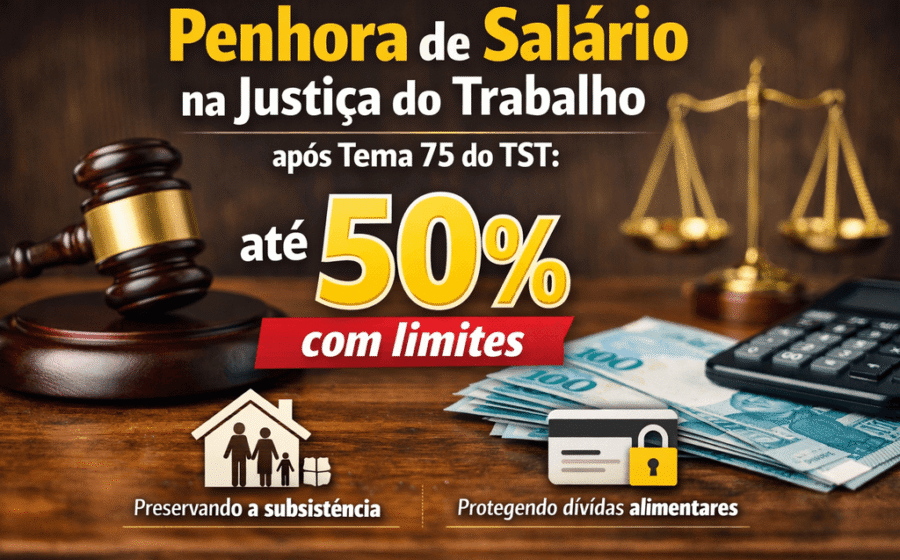 Sede do STJ com balança da justiça e cédulas de dinheiro representando penhora de salário