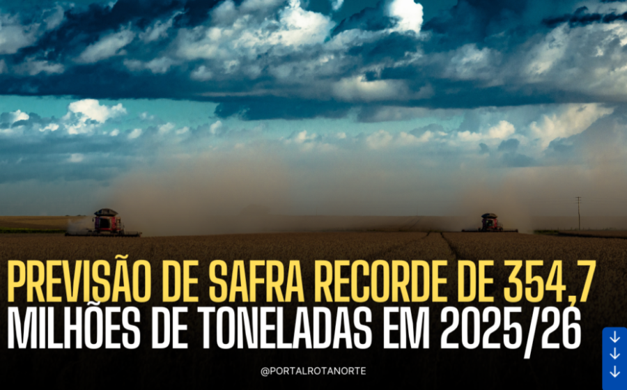 Colheitadeiras em vasta lavoura de soja sob céu azul, representando safra recorde de grãos 2026 no Brasil