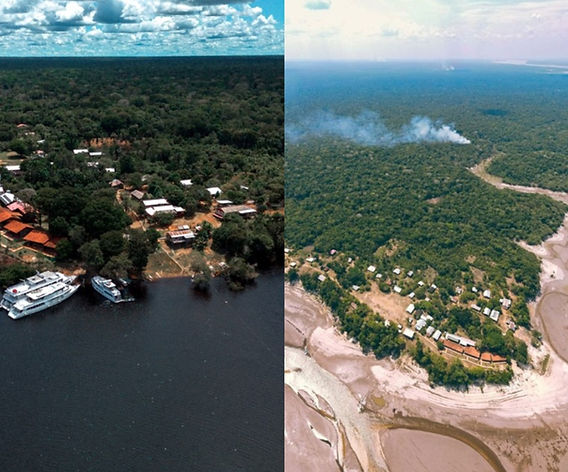 Navio de carga navegando com nível reduzido no Rio Amazonas durante seca histórica
