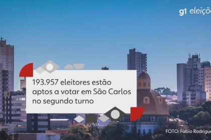 Eleitores em fila para votar no segundo turno em São Carlos, urna eletrônica em destaque