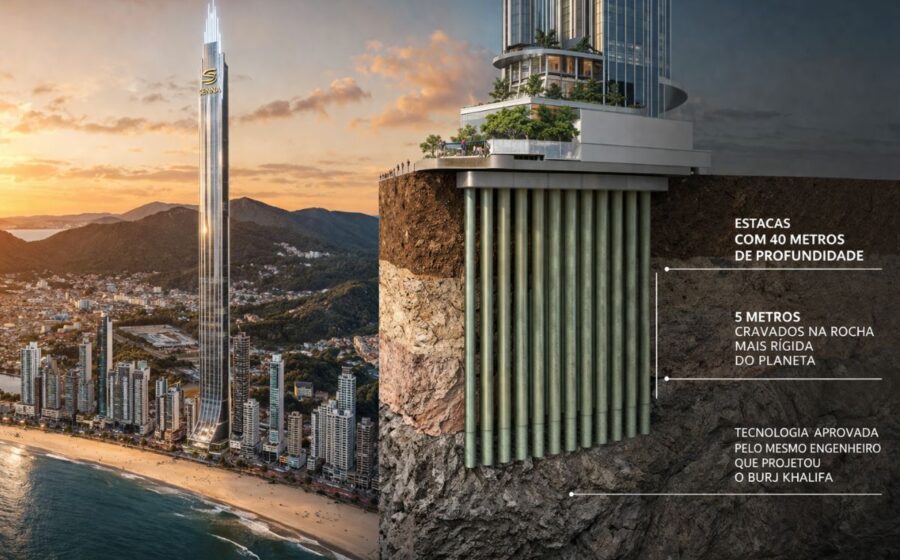 Canteiro da Senna Tower em Balneário Camboriú com fundação de 800 estacas em rocha