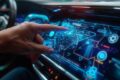 Painel de carro exibindo aviso "sensor obstruído" e "frenagem indisponível" em dia chuvoso
