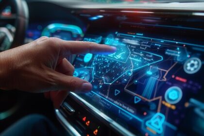Painel de carro exibindo aviso "sensor obstruído" e "frenagem indisponível" em dia chuvoso