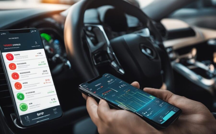 Carro conectado com ícones de localização, velocidade e frenagem transmitindo dados para nuvem de montadora