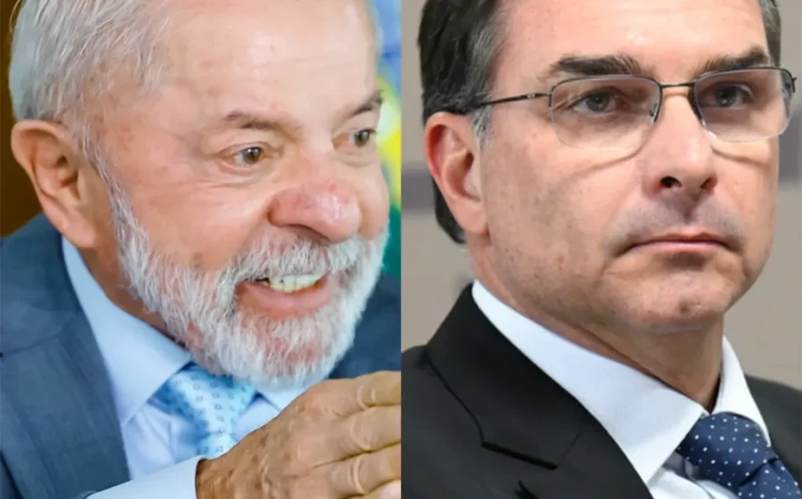 Flávio Bolsonaro e Lula em destaque com brasão do TSE e horário 11h, simbolizando acordo de sigilos