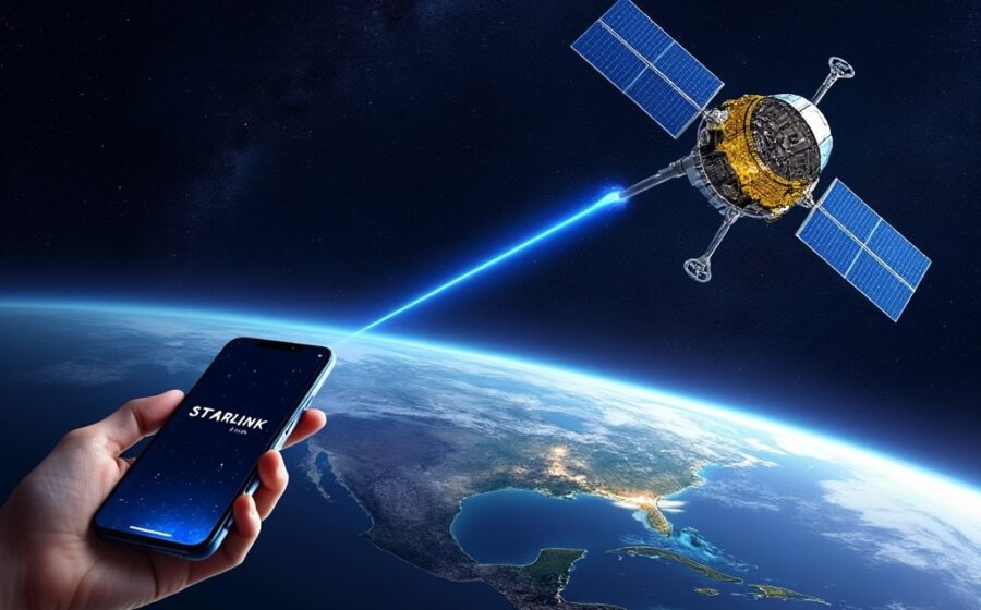 Logotipo da Starlink sobre fundo de satélites em órbita com gráfico de queda de ações de telecoms