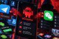 Ilustração de smartphone Android com alerta de segurança: spyware uCreator rouba 2FA do Telegram e clona WeChat no Brasil