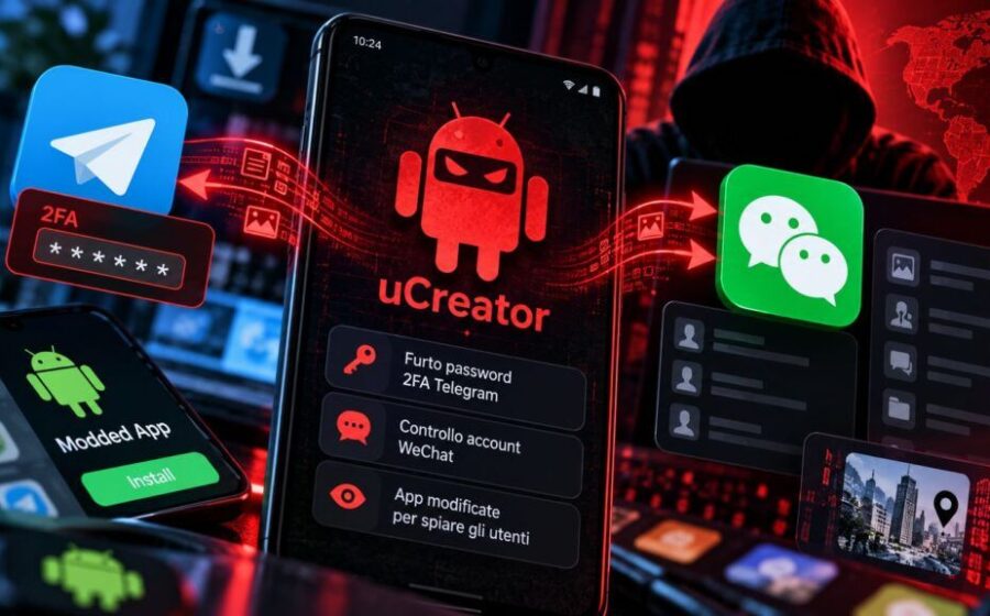 Ilustração de smartphone Android com alerta de segurança: spyware uCreator rouba 2FA do Telegram e clona WeChat no Brasil