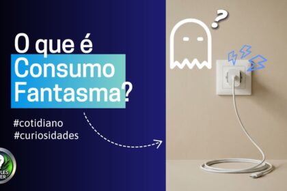 TV desligada com luz vermelha de stand-by e medidor de energia mostrando consumo fantasma