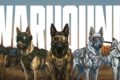 Cão militar geneticamente aprimorado com implantes cibernéticos em ambiente tático futurista