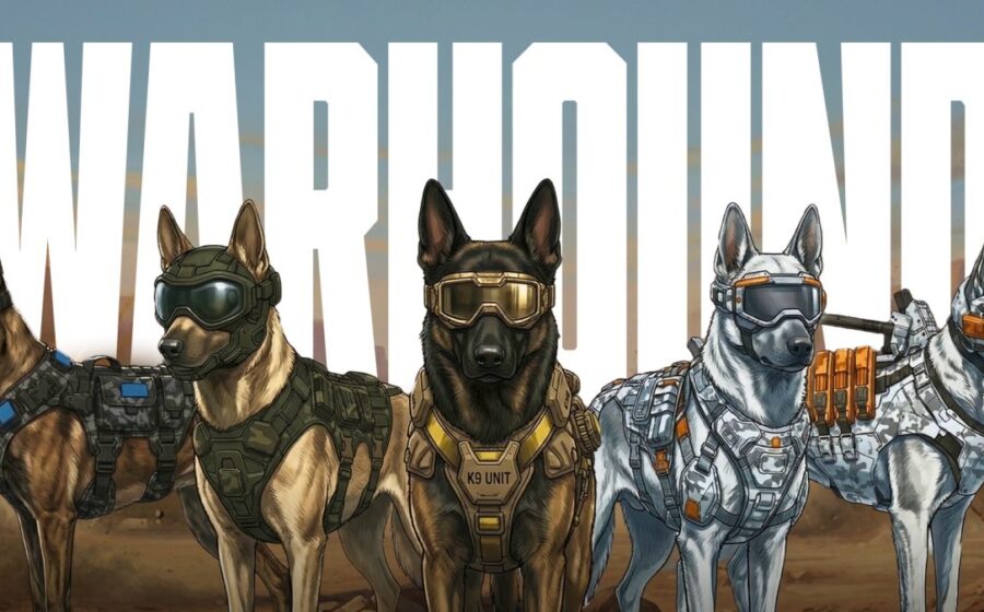 Cão militar geneticamente aprimorado com implantes cibernéticos em ambiente tático futurista