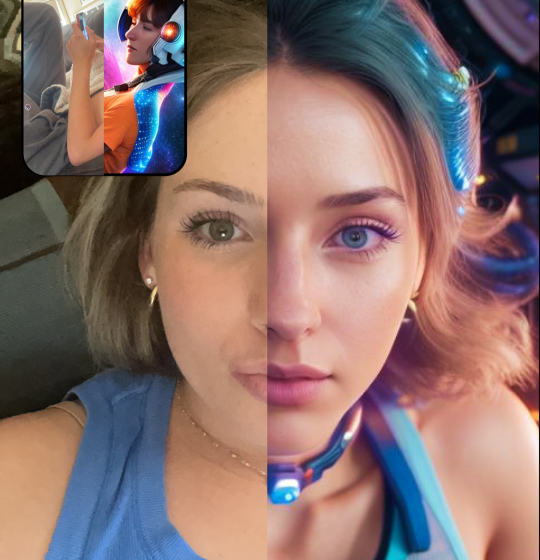 Selfie transformada em retrato estilo anos 80 por IA generativa com cabelão neon e granulação analógica