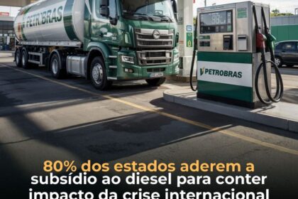 Bomba de combustível com preço do diesel e barril de petróleo ao fundo, representando fim de subsídio e alta do petróleo