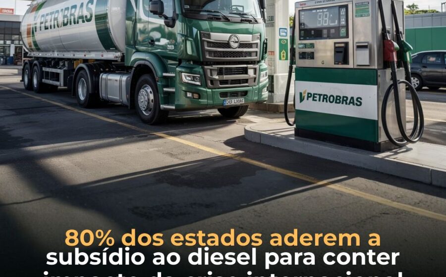Bomba de combustível com preço do diesel e barril de petróleo ao fundo, representando fim de subsídio e alta do petróleo