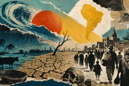 Mapa do Brasil destacando áreas atingidas pelo Super El Niño com ícones de enchentes, seca e prejuízos econômicos