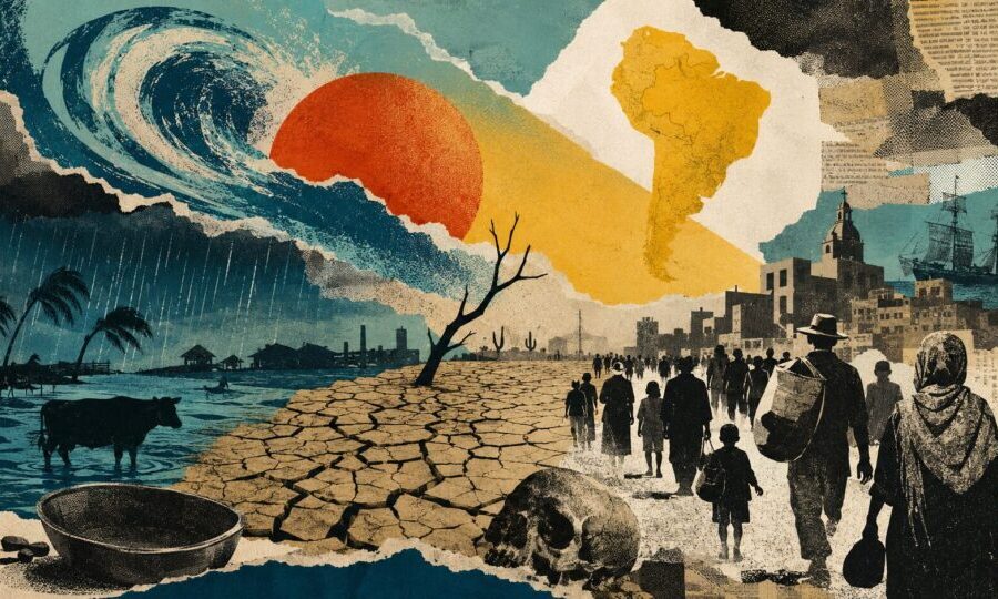 Mapa do Brasil destacando áreas atingidas pelo Super El Niño com ícones de enchentes, seca e prejuízos econômicos
