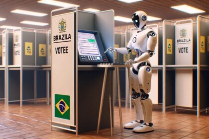 Ministro do TSE em sessão de julgamento com logos da Meta ao fundo, representando decisão judicial contra big tech