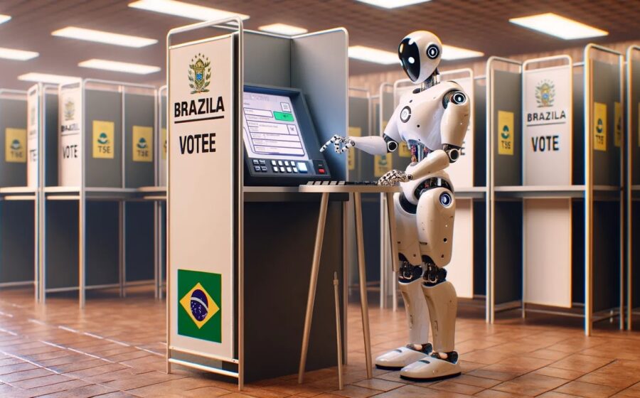 Ministro do TSE em sessão de julgamento com logos da Meta ao fundo, representando decisão judicial contra big tech