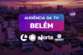 Estúdio da TV Liberal com telas mostrando transmissão simultânea no g1 Pará