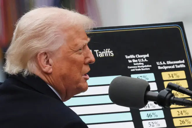 Donald Trump assinando decreto tarifário com bandeira do Brasil e símbolo de porcentagem 37,5%