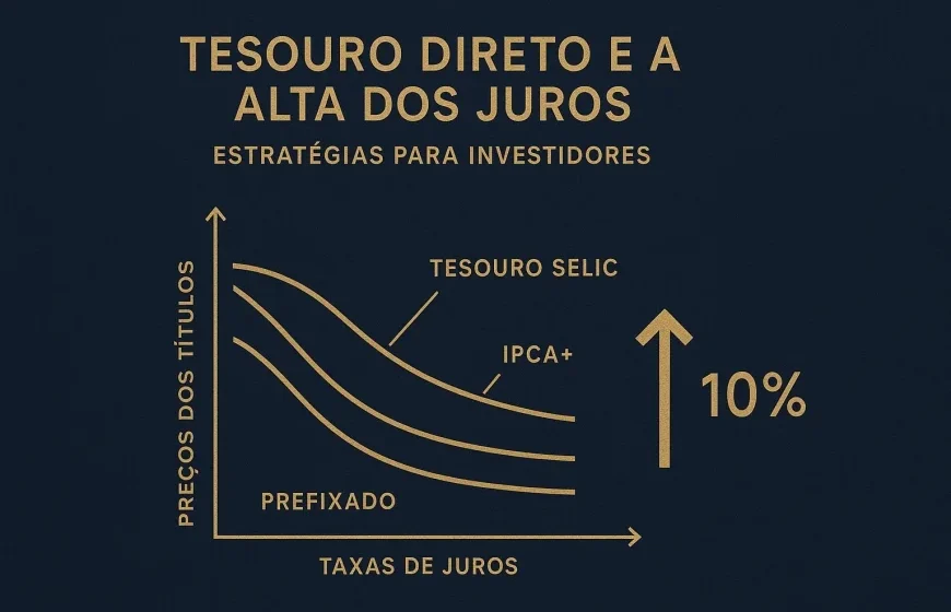 Gráfico de juros futuros em queda livre com logo do Tesouro Direto e urna eletrônica