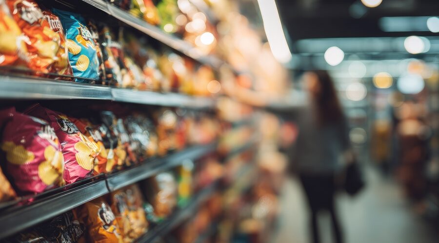 Prateleira de supermercado com variedade de snacks crocantes coloridos e embalagens destacando textura extra crocante