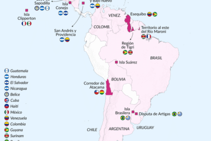Mapa da América do Sul destacando Panamá, Peru, Equador e Colômbia recebendo ajuda militar dos EUA