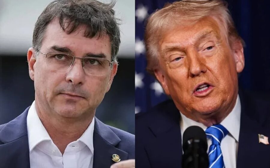 Donald Trump em coletiva evitando comentar carta de Flávio Bolsonaro sobre visto nos EUA