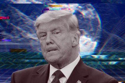 Donald Trump discursando na ONU com gráficos de inteligência artificial e superinteligência ao fundo