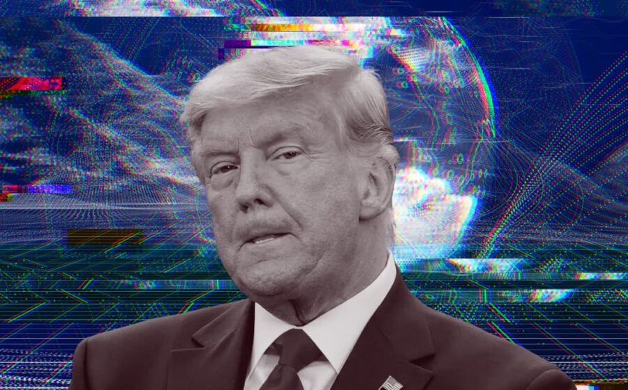 Donald Trump discursando na ONU com gráficos de inteligência artificial e superinteligência ao fundo