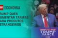 Donald Trump assinando documento com bandeiras dos EUA e Canadá, simbolizando fim de tarifas sobre produtos agrícolas canadenses