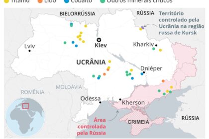 Mapa da Europa com símbolos de mineração de terras raras e bandeiras da UE e EUA