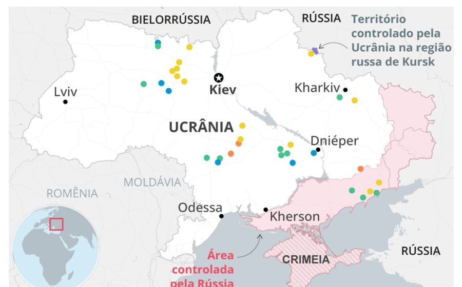 Mapa da Europa com símbolos de mineração de terras raras e bandeiras da UE e EUA