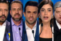 Lula e Flávio Bolsonaro no último debate presidencial 2026 mediado por César Tralli na TV Globo