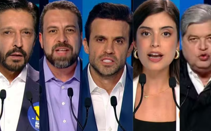 Lula e Flávio Bolsonaro no último debate presidencial 2026 mediado por César Tralli na TV Globo