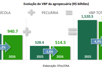 Gráfico do VBP 2026: soja e boi gordo sustentam R$ 1,44 tri enquanto cacau, laranja e trigo caem