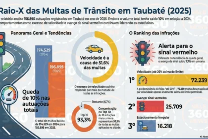 Patinetes elétricos em rua de Taubaté com sinalização de trânsito ao fundo